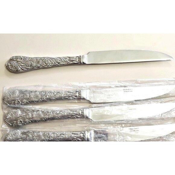 Reed Barton Flora Steak Knives 9.5" set/4 stainless embossed flowers chintz - Picture 6 of 8